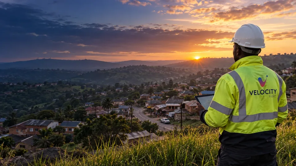 A Velocity Fibre technician in safety gear looking out over a community at sunset
